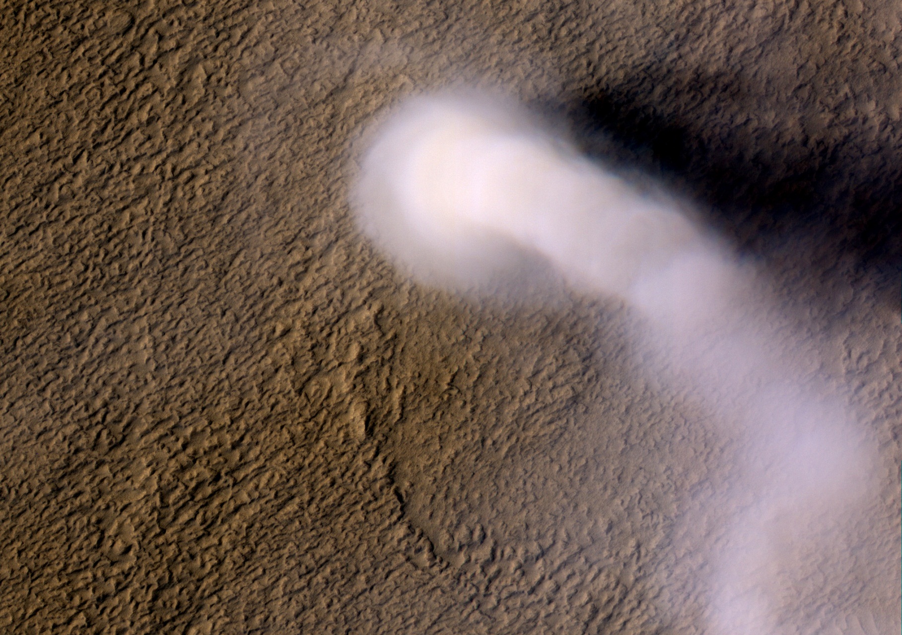 A Martian dust devil roughly 12 miles (20 kilometers) high was captured winding its way along the Amazonis Planitia region of Northern Mars on March 14, 2012 by the High Resolution Imaging Science Experiment (HiRISE) camera on NASA's Mars Reconnaissance Orbiter. Despite its height, the plume is little more than three-quarters of a football field wide (70 yards, or 70 meters). Image credit: NASA/JPL-Caltech/UA. Full Image and caption.