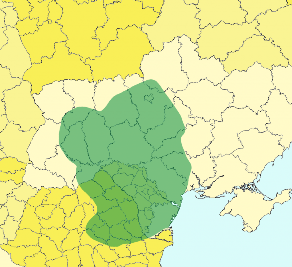 The maximal extent of settlements associated with the Cucuteni-Tripol'ye archaeological complex during all periods (c. 4800-3000 BC). Also shown are modern provincial borders, illustrating how the territory covers all of Moldova plus parts of Ukraine and Romania. Original description by uploader: "It is drawn from a n=2600 dataset of Cucuteni-Tripol'ye sites, identical to the data shown in the maps published in Manzura 2005 ("Steps to the Steppe"), if you'd like to read an article that addresses some of these large-scale spatial issues." Igor Manzura, “Steps to the Steppe: Or, How the North Pontic Region was Colonized,” Oxford Journal of Archaeology XXIv.4 (2005), pp. 313–338. CC BY-SA via Wikimedia Commons.