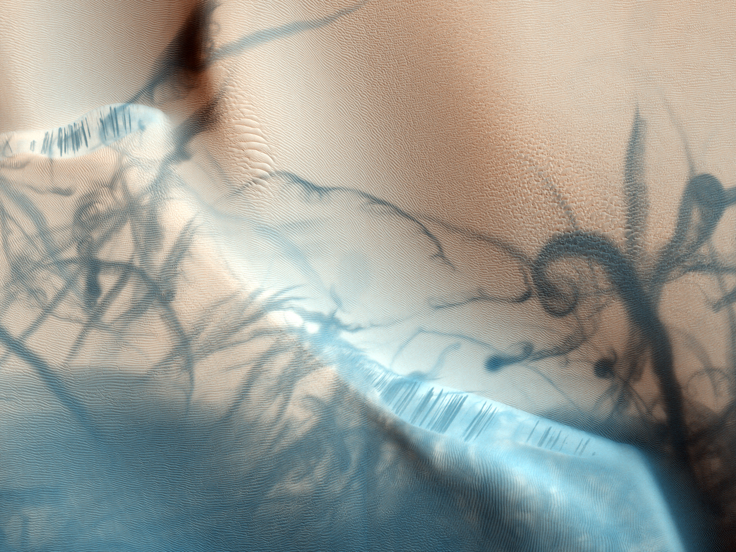 This portion of a recent high-resolution picture from the HiRISE camera on board the Mars Reconnaissance Orbiter shows twisting dark trails criss-crossing light coloured terrain on the Martian surface. Newly formed trails like these had presented researchers with a tantalizing Martian mystery but are now known to be the work of miniature wind vortices known to occur on the red planet - Martian dust devils. Such spinning columns of rising air heated by the warm surface are also common in dry and desert areas on planet Earth. Typically lasting only a few minutes, dust devils becoming visible as they pick up loose red-coloured dust leaving the darker and heavier sand beneath intact. On Mars, dust devils can be up to 8 kilometres high. Dust devils have been credited with unexpected cleanings of Mars rover solar panels. Image: NASA/JPL/University of Arizona. Original caption.