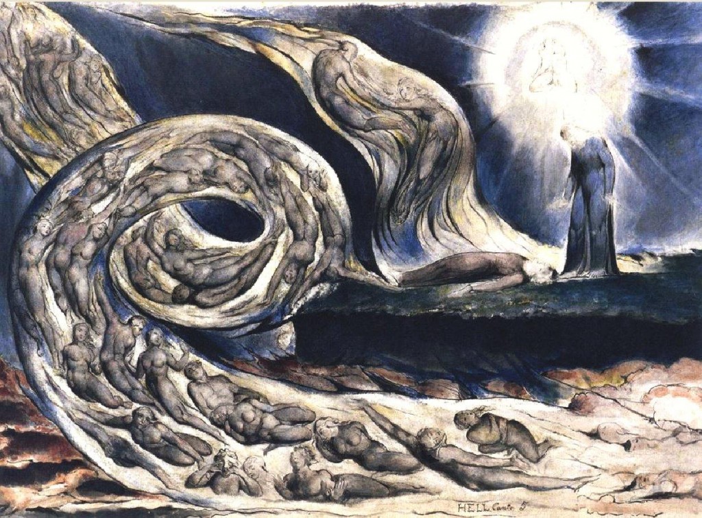 "The Whirlwind of Lovers" by William Blake illustrates Hell in Canto V of Dante's Inferno.