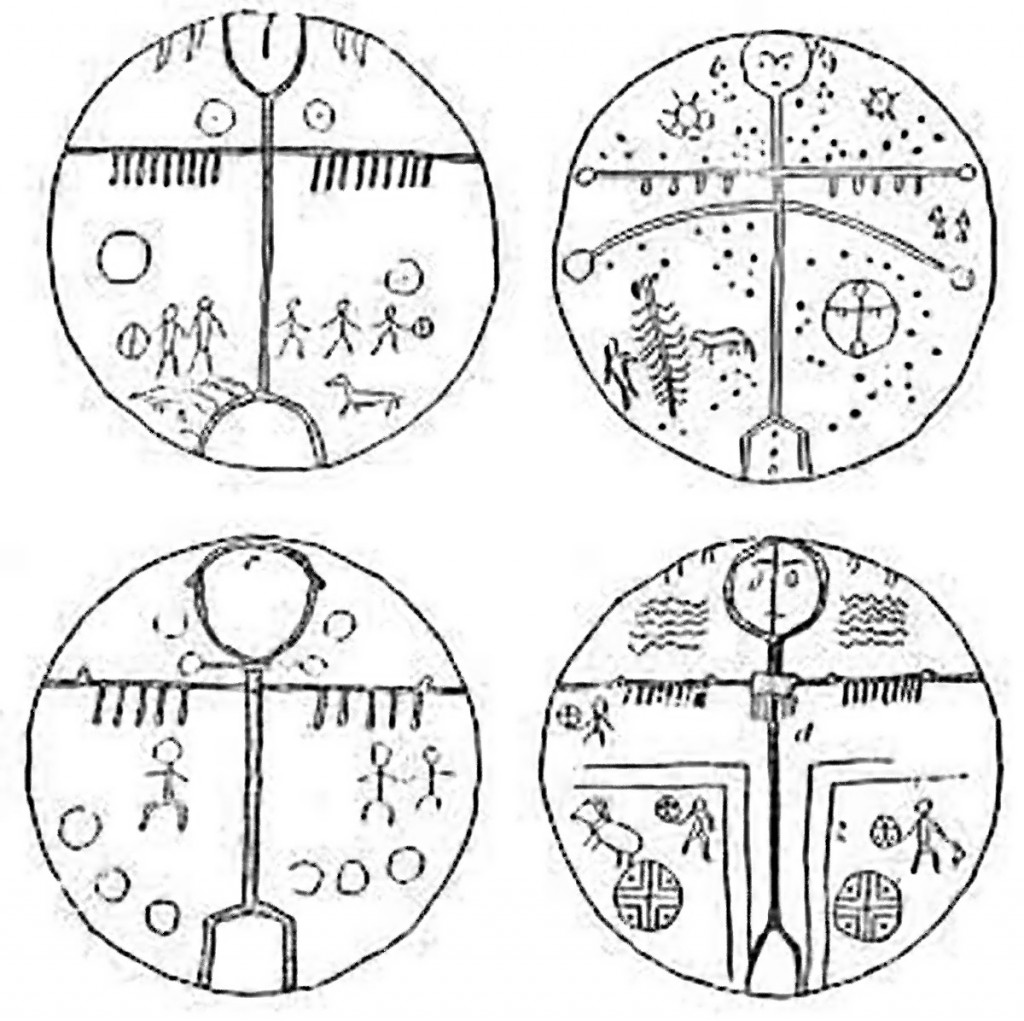 FIGURE 80. Painted Tartar and Mongol drums. (From Picture-Writing of the America, Indians; Garrick Mallery, 1894, p. 515.)