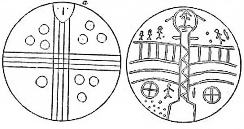 FIGURE 82. Painted Tartar and Mongol drums. (From Picture-Writing of the American Indians; Garrick Mallery, 1894, p. 517.)