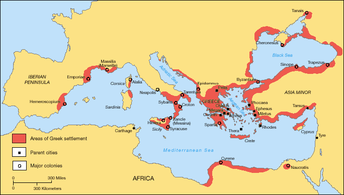 A map showing the Greek territories and colonies during the Archaic period. Public Domain.