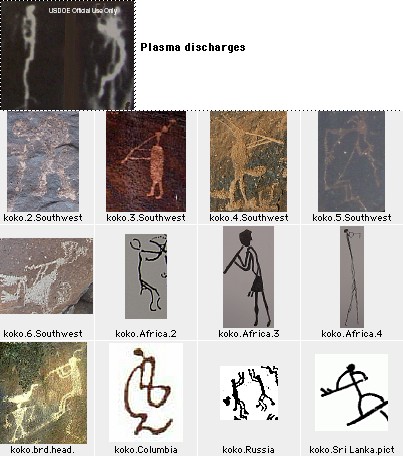Fig. 37. Kokopelli. Examples from plasma discharges and world-wide interpretations on rock.
