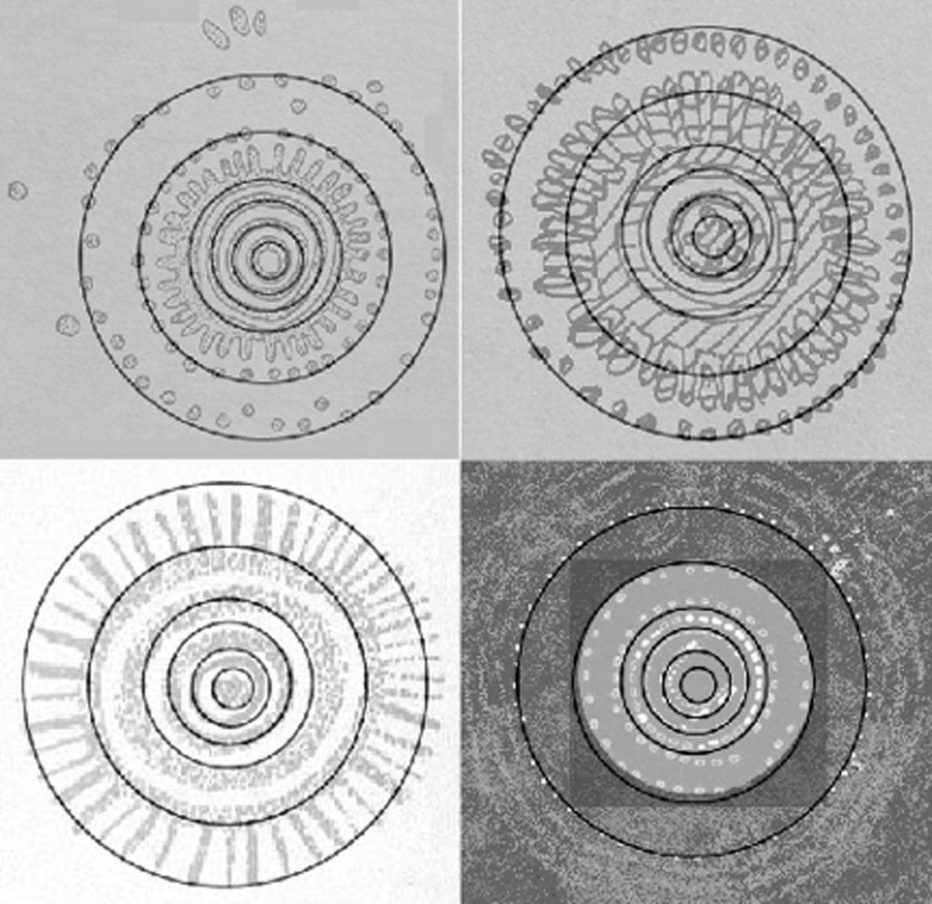 Fig. 48. (Top Left) “Site-34-rings,” the mean average radius of a circle as determined by image-object weighting from the 4 O’Clock Rapids petroglyph on the Columbia River. These 4 O’Clock Rapids (Loring Site 34) rings have been overlaid on the other three images. (Top Right) J. Day Bar pictograph. (Bottom Left) Northern Arizona petroglyph. (Bottom Right) Stonehenge reconstruction image (white dots).