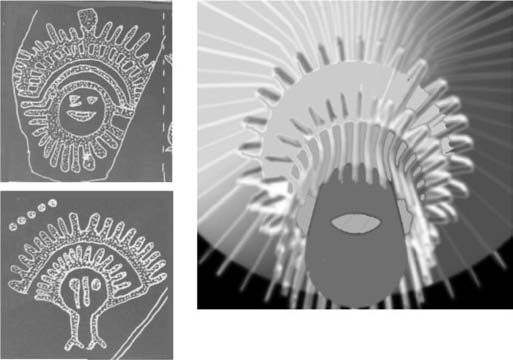 Fig. 68. Left: Northern hemisphere petroglyphs from the Columbia River Basin, 45.65° N, 121.95° W. Right: Oblique view into the auroral plasma column from these coordinates.