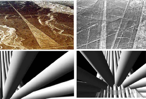 Fig. 71. Top: Trapezoids and lines of the Palpa and Nasca plains. Bottom: View upwards into Fig. 67 from a “camera” placed at the surface of the digital Earth at latitude/longitude 14.24° S, 75.58° W. The historical terms “swords”, “spears”, “white vapor”, “like glossed silk penetrating it”, and “candles in the sky”, appear appropriate to these pictures.
