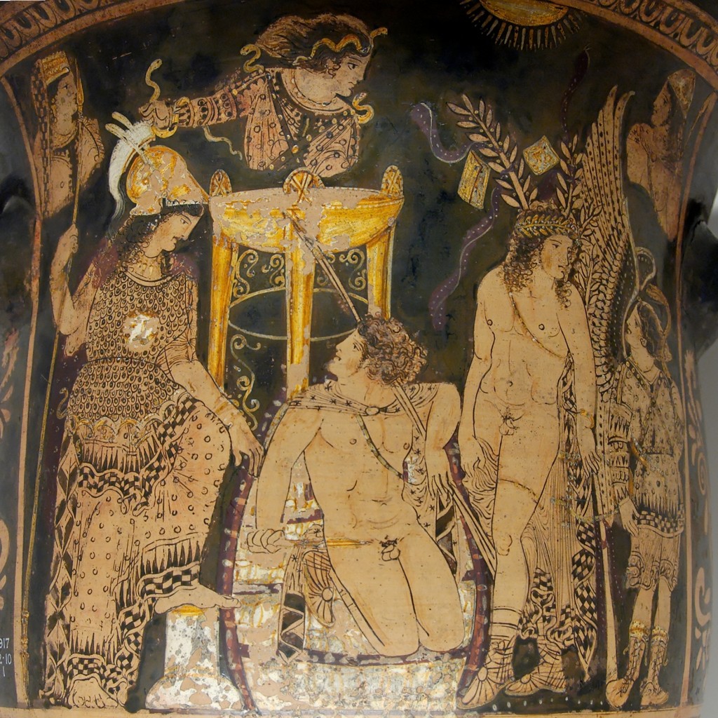 Python (as painter). Orestes at Delphi. Paestan red-figured bell-krater, ca. 330 BC. British Museum. Accession number: GR 1917.12-10. It shows Orestes at Delphi flanked by Athena and Pylades among the Erinyes and priestesses of the oracle, perhaps including Pythia behind the tripod.