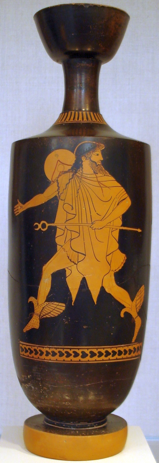 Lekythos depicting Hermes wearing a <em>chlamys</em> and <em>petasos</em> and bearing a <em>kerykeion</em> (Caduceus). Greek, Attic, c. 480-470 BC. Red figure. Attributed to the Tithonos Painter.