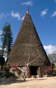 Kanak house with flèche faîtière. Tjibaou cultural center, Nouméa, New Caledonia.