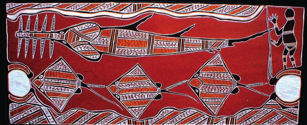 The ancestral sawfish carves-out the Angurugu River on Groote Eylandt followed by three creator stingrays. An ancestral hunter watches from the riverbank, waiting to spear some rays for a feast. Culture: Anindilyakwa, Clan: Maminyamanja, Artist: Nekingaba Maminyamanja, Date: c. 1980. Collection of Matthew T. McDavitt. Permission for educational purposes.