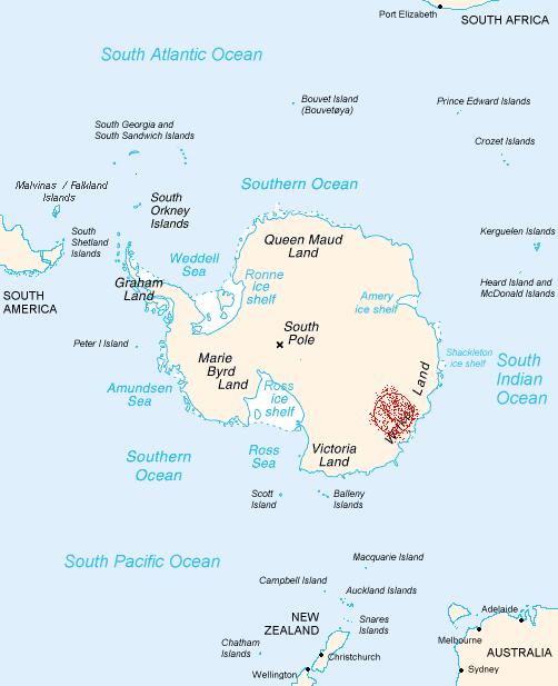Map of Antarctica showing Wilkes Land, with the crater conjectured by von Frese and team marked in red. CC BY-SA by enwiki via Wikimedia Commons.