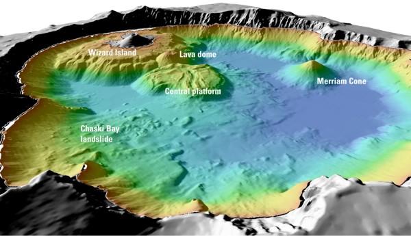 Details of features beneath the surface of Crater Lake constructed using data from the 2000 bathymetry survey. Colors range from orange to blue with increasing water depth. Credit USGS via U.S. Geological Survey Fact Sheet 092-02